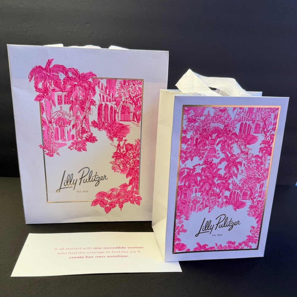 Lilly Pulitzer Pink Palm Gift Bag Set of 2 Small Med Boutique Tote Paper Resort